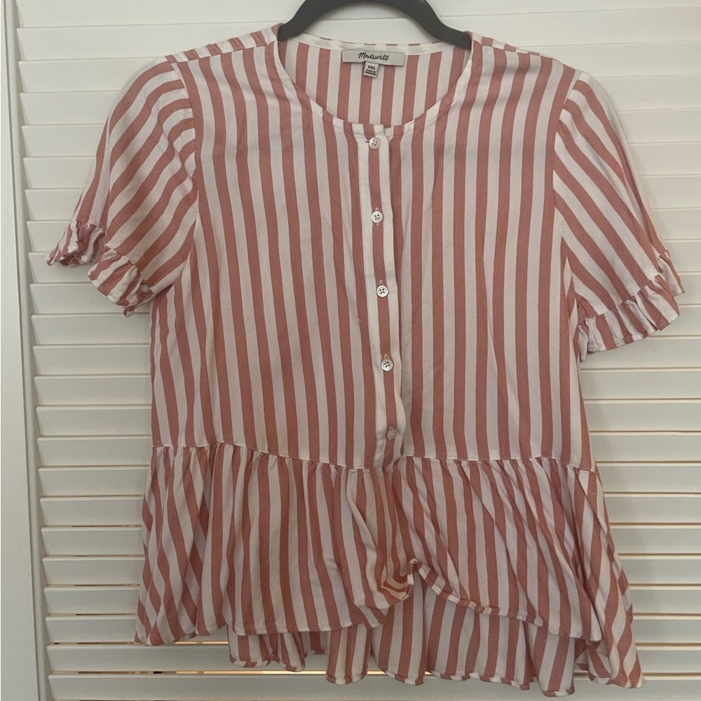 Women’s blouse. Madewell. Pink and white stripe. Peplum.